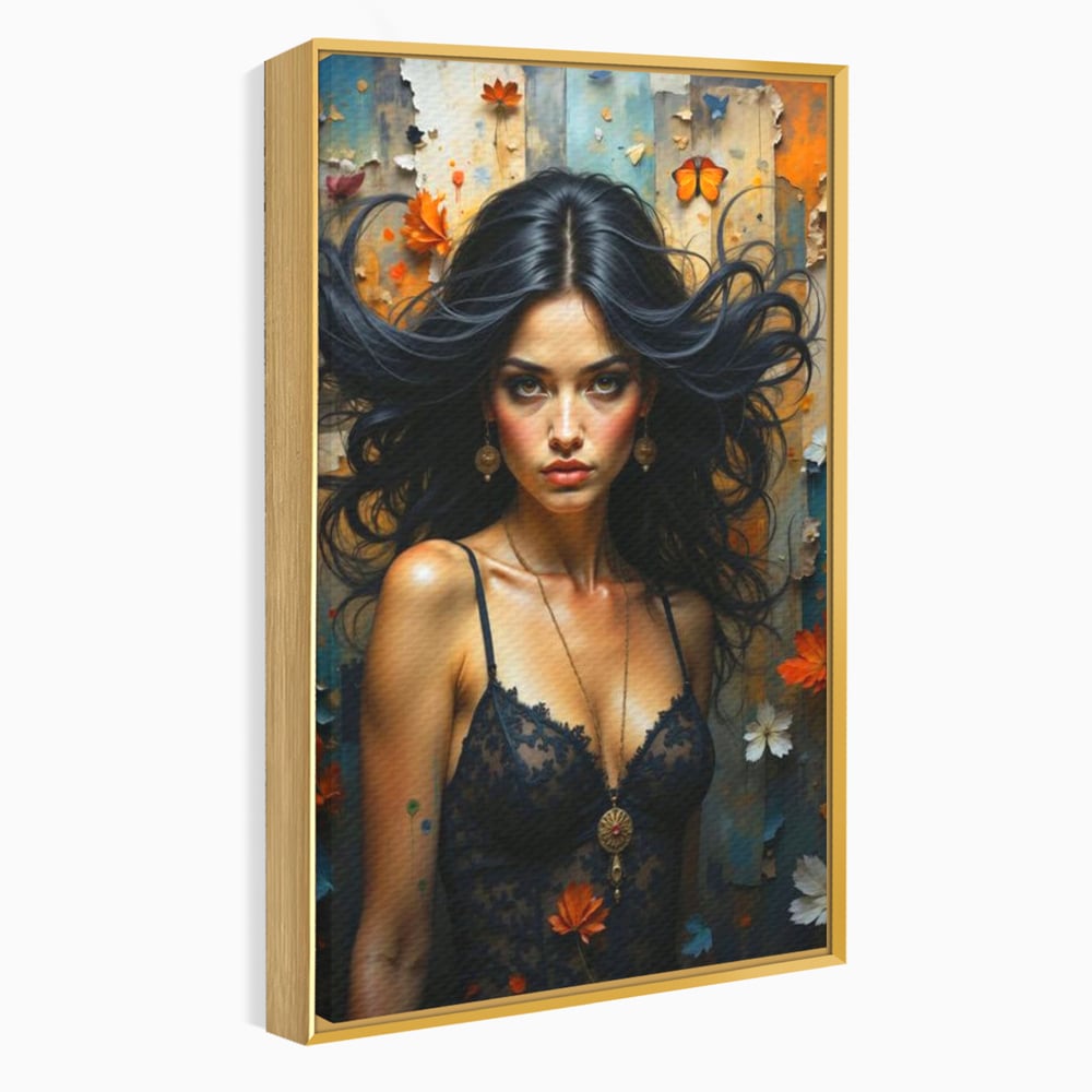 Tablou canvas cu tablou canvas cu portret de femeie par negru fluturi si frunze, in rama de aluminiu auriu
